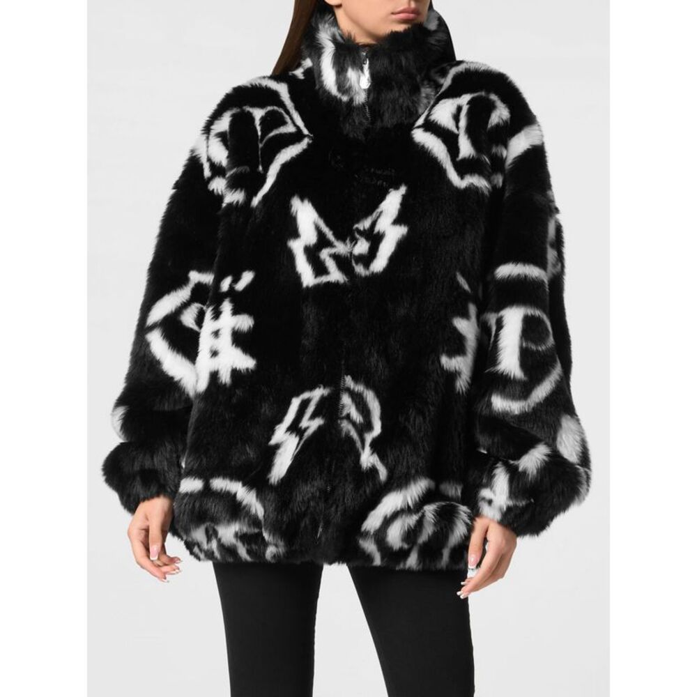 Philipp Plein Graphic Print Cropped Faux Fur Jacket With High Neck